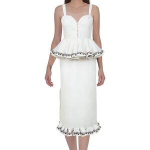 Fanm Mon White Midi Dress with Floral Accents